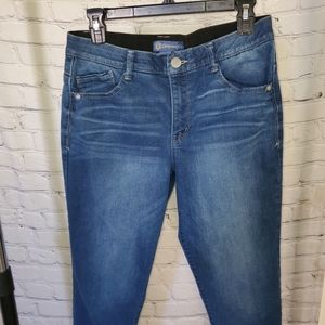 Democracy jeans size 8, elastic waist, some stretch, ripped around ankle